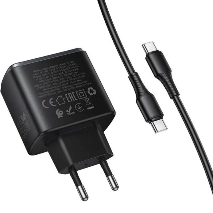 Сетевое зарядное устройство Hoco C158A Upgrade PD45W + QC3.0 + кабель Type-C to Type-C - Black: фото 5 из 6