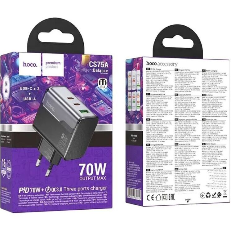 Сетевое зарядное устройство Hoco CS75A PD70W + QC3.0 (USB + 2Type-C) - Midnight Black (995646B) Сетевое зарядное устройство Hoco CS75A PD70W + QC3.0 (USB + 2Type-C) - Midnight Black: фото 7 из 9