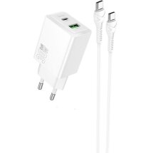 Мережевий зарядний пристрій Hoco N71 PD30W + QC3.0 + кабель Type-C to Type-C - White: фото 1 з 6