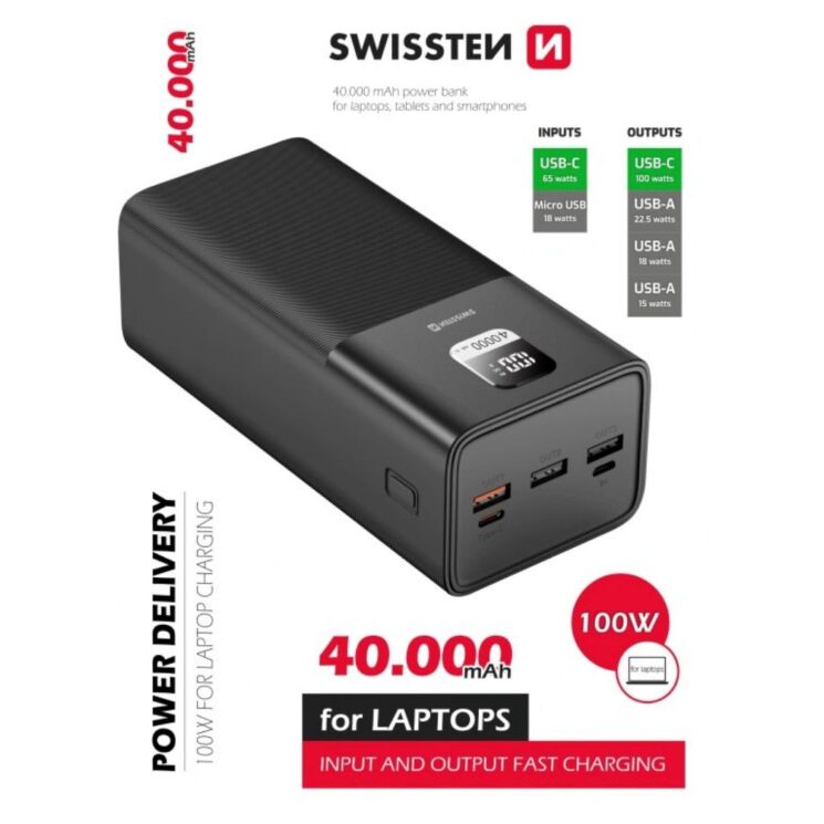 Зовнішній акумулятор SWISSTEN Power Line PD100W (40000mAh) - Black: фото 3 з 4