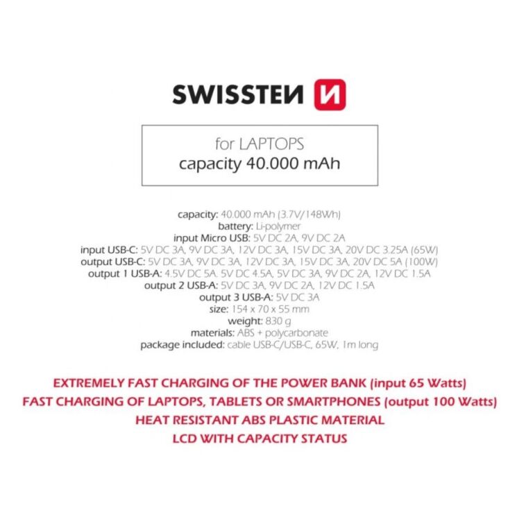 Зовнішній акумулятор SWISSTEN Power Line PD100W (40000mAh) - Black: фото 4 з 4
