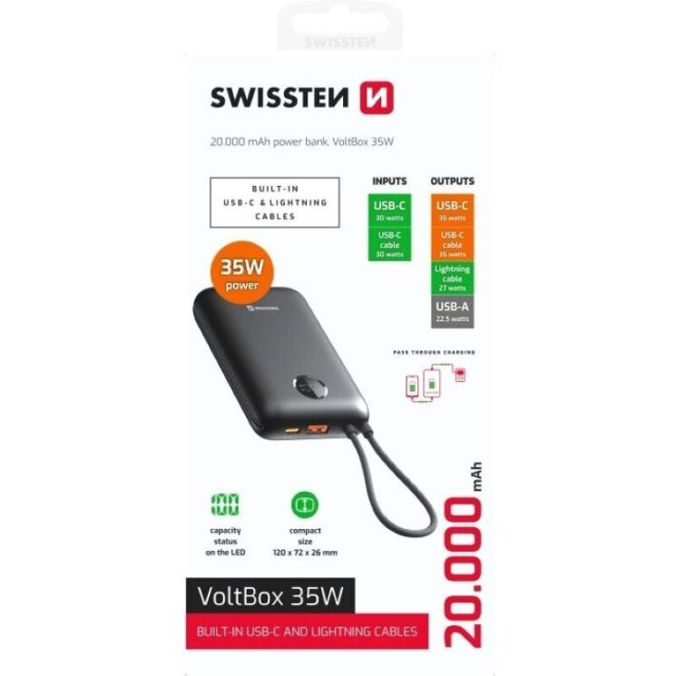 Внешний аккумулятор SWISSTEN VoltBox PD35W (20000mAh) + кабель Type-C + Lightning - Black: фото 3 из 7