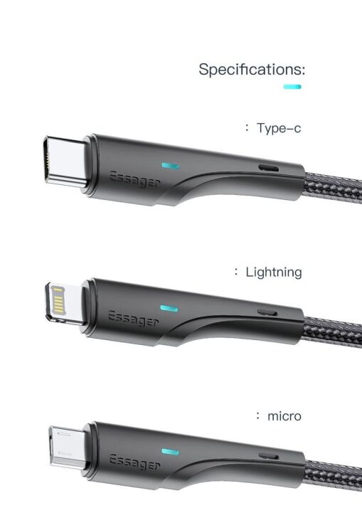 Кабель ESSAGER Rousseau USB to Type-C (3A, 1m) EXCT-LS01 - Black: фото 18 з 18