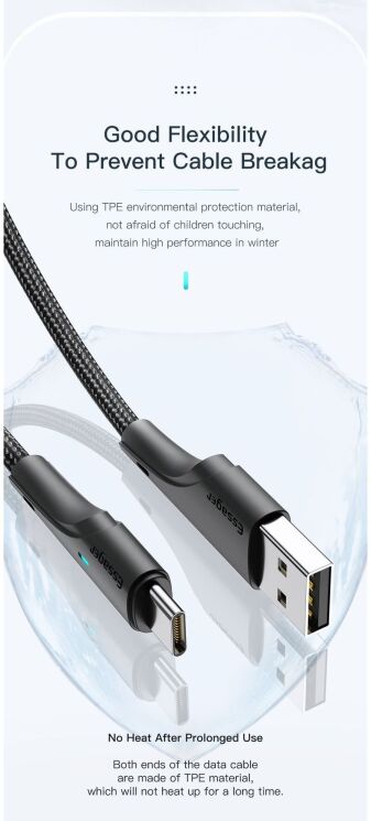 Кабель ESSAGER Rousseau USB to Type-C (3A, 1m) EXCT-LS01 - Black: фото 8 з 18