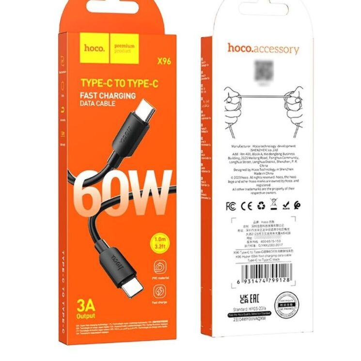 Кабель Hoco X96 Hyper 60W Type-C to Type-C (3A, 1m) - Black: фото 4 з 5
