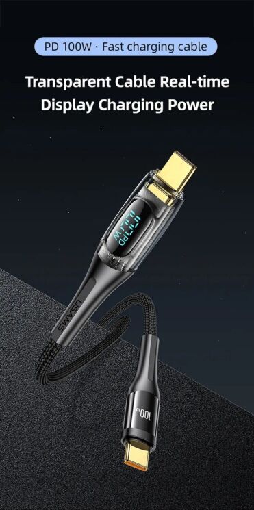 Кабель USAMS SJ590 Type-C to Type-C (100W, 3A, 1.2m) - Black: фото 2 з 15