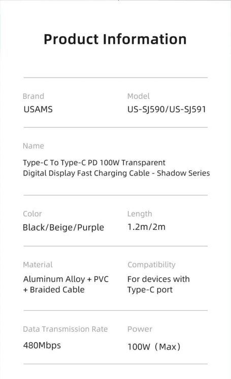 Кабель USAMS SJ590 Type-C to Type-C (100W, 3A, 1.2m) - Black: фото 15 з 15