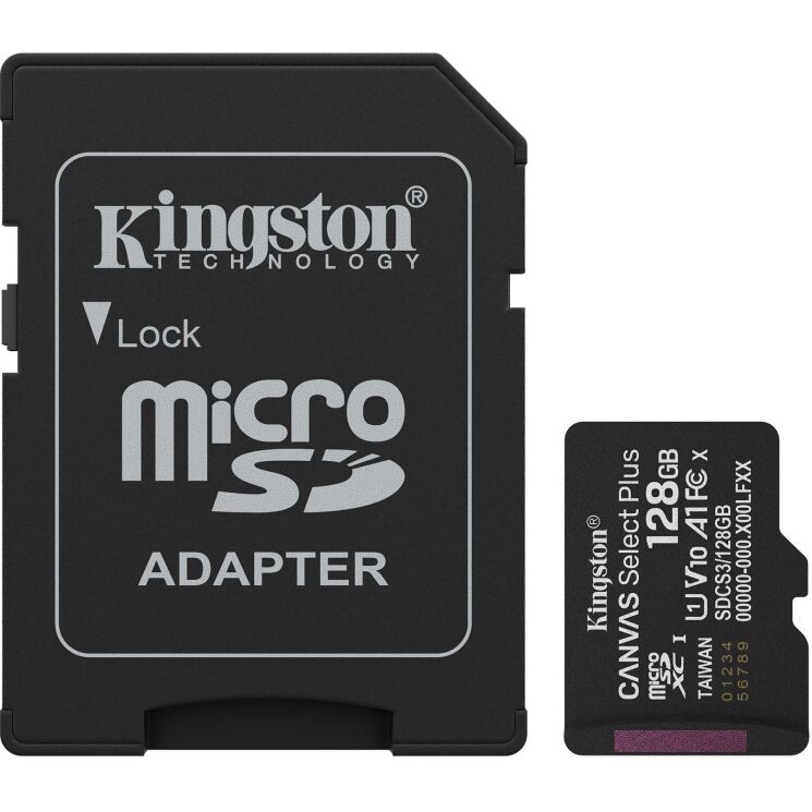 Карта памяти Kingston microSDXC 128GB Canvas Select Plus Gen3 UHS-I U1 V10 A1 (150MB/s) + адаптер (SDCS3/128GB) - Black: фото 1 из 7