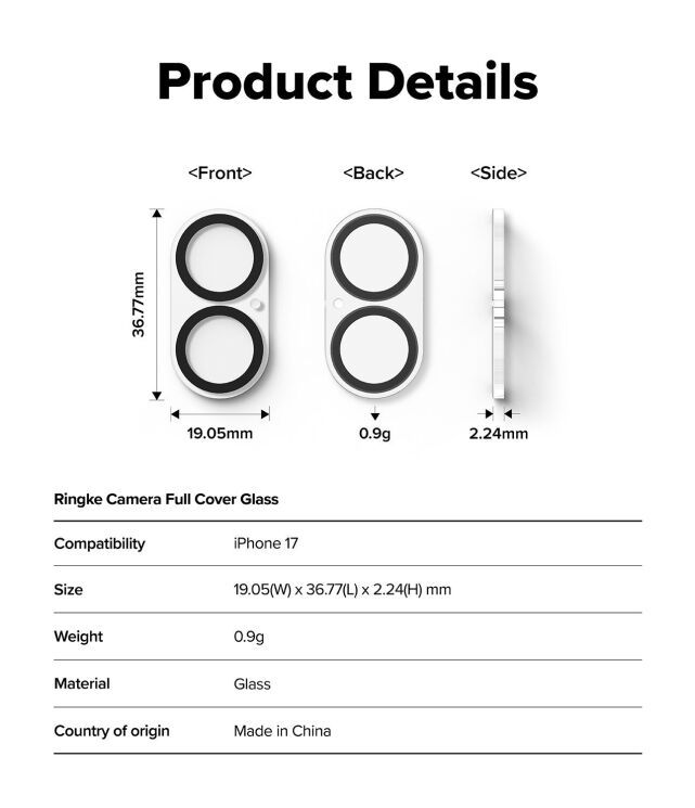 Комплект защитных стекол Ringke Camera Full Cover Glass для iPhone 17 (8800328812369) - Black: фото 10 из 10