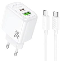 Сетевое зарядное устройство Hoco CS55A Surplus PD30W+QC3.0 + кабель Type-C to Type-C - White: фото 1 из 8