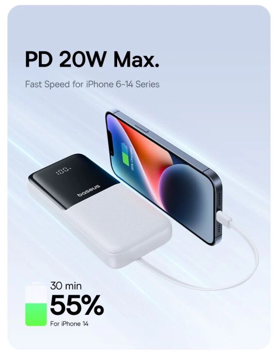 Внешний аккумулятор Baseus Lipow 22.5W (20000mAh) + кабель Type-C + Lightning (P10079102213-00) - White (995777W) Внешний аккумулятор Baseus Lipow 22.5W (20000mAh) + кабель Type-C + Lightning (P10079102213-00) - White: фото 12 из 25