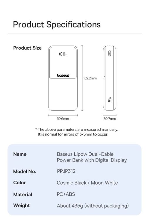 Внешний аккумулятор Baseus Lipow 22.5W (20000mAh) + кабель Type-C + Lightning (P10079102213-00) - White (995777W) Внешний аккумулятор Baseus Lipow 22.5W (20000mAh) + кабель Type-C + Lightning (P10079102213-00) - White: фото 23 из 25