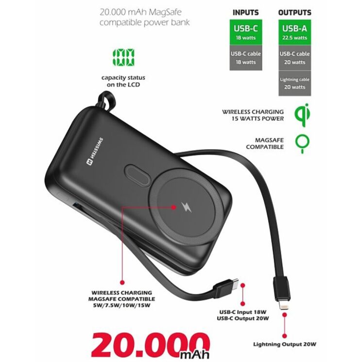 Внешний аккумулятор SWISSTEN MagSafe 22.5W (20000mAh) + кабель Type-C + Lightning - Black: фото 4 из 4