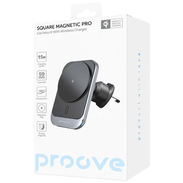 Автомобільний тримач з бездротовою зарядкою Proove Square Magnetic Pro 15W - Gray: фото 2 з 6