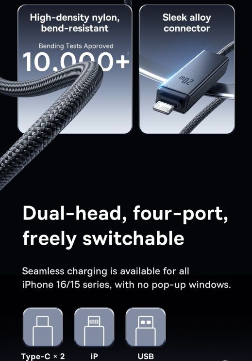 Кабель Baseus Versatile 2 in 2 Type-C+USB to Type-C+Lightning (3.5A, 60W, 1m) P10383000121-01 - Black: фото 7 з 24