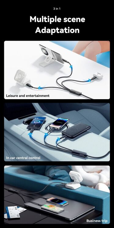Кабель ESSAGER Simple 3 in 1 USB to Type-C+MicroUSB+Lightning (100W, 1.2m) EXCMTL-JJ01-P - Black: фото 12 з 12