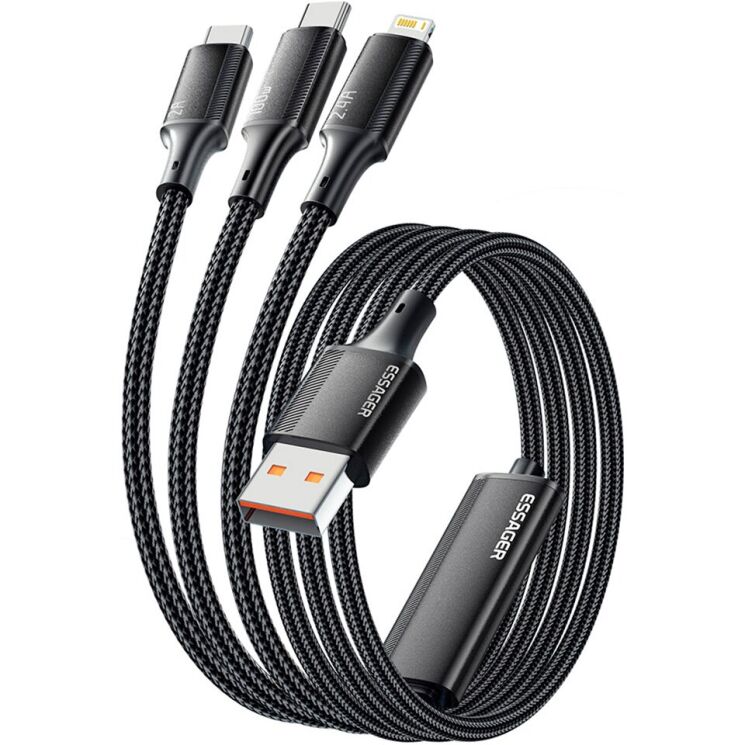 Кабель ESSAGER Simple 3 in 1 USB to Type-C+MicroUSB+Lightning (100W, 1.2m) EXCMTL-JJ01-P - Black: фото 1 з 12
