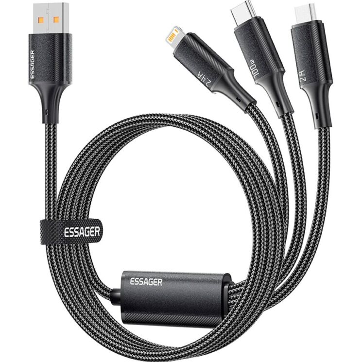 Кабель ESSAGER Simple 3 in 1 USB to Type-C+MicroUSB+Lightning (100W, 1.2m) EXCMTL-JJ01-P - Black: фото 2 з 12