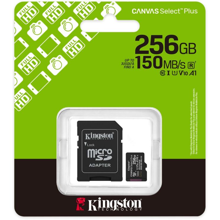 Карта памяти Kingston microSDXC 256GB Canvas Select Plus Gen3 UHS-I U1 V10 A1 (150MB/s) + адаптер (SDCS3/256GB) - Black: фото 3 из 7