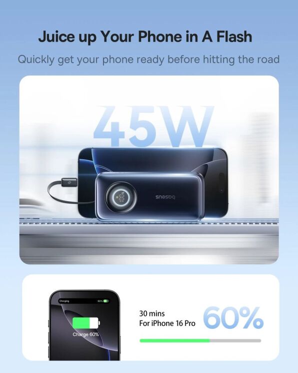 Внешний аккумулятор Baseus EnerCore CR11 45W (10000mAh) + кабель Type-C (E0027G00) - Black: фото 8 из 13