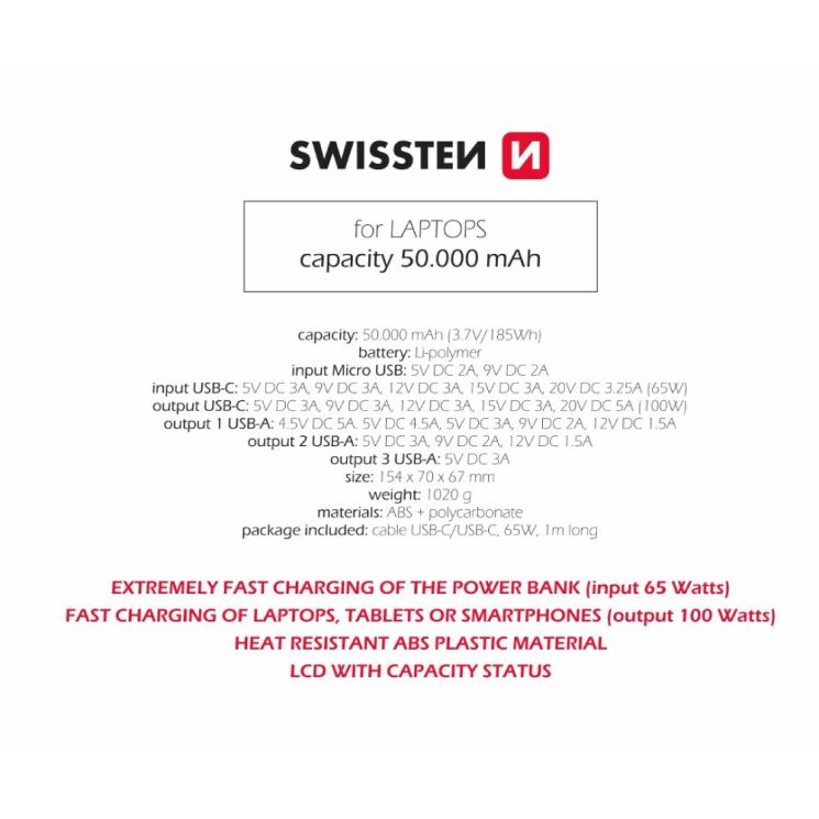 Внешний аккумулятор SWISSTEN Line Bank PD100W (50000mAh) - Black: фото 3 из 4