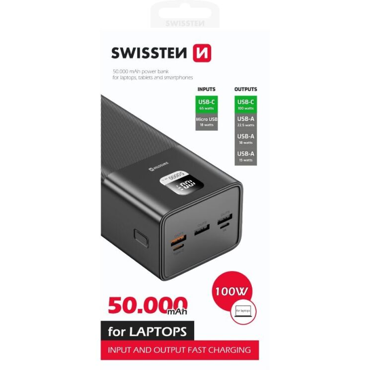 Внешний аккумулятор SWISSTEN Line Bank PD100W (50000mAh) - Black: фото 2 из 4