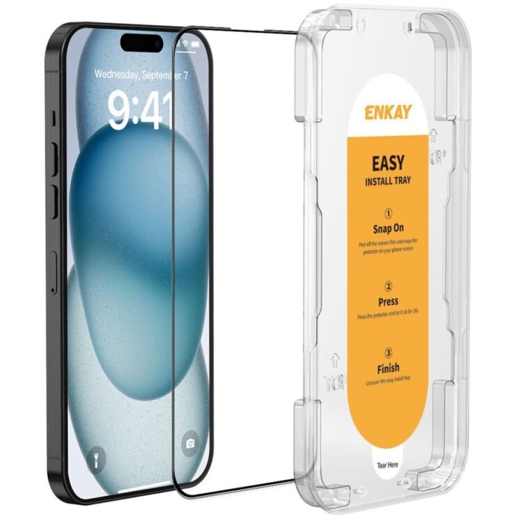 Защитное стекло ENKAY Easy Install Full Glue для Apple iPhone 15 / iPhone 16 - Black: фото 1 из 8