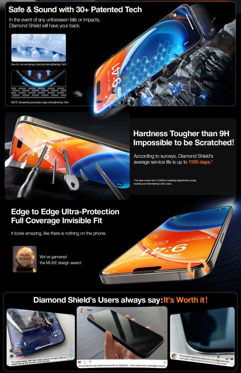 Защитное стекло TORRAS OrigArmor для iPhone 15 Pro Max - Black: фото 10 из 11