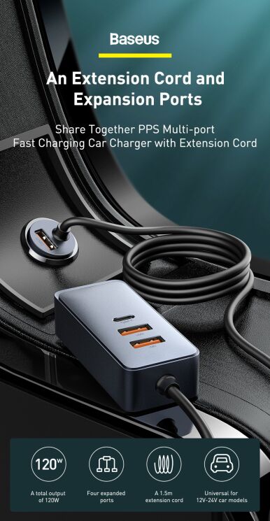 Автомобильное зарядное устройство Baseus Share Together PPS Fast Charging 2USB + 2Type-C (120W) CCBT-A0G - Grey: фото 6 из 27