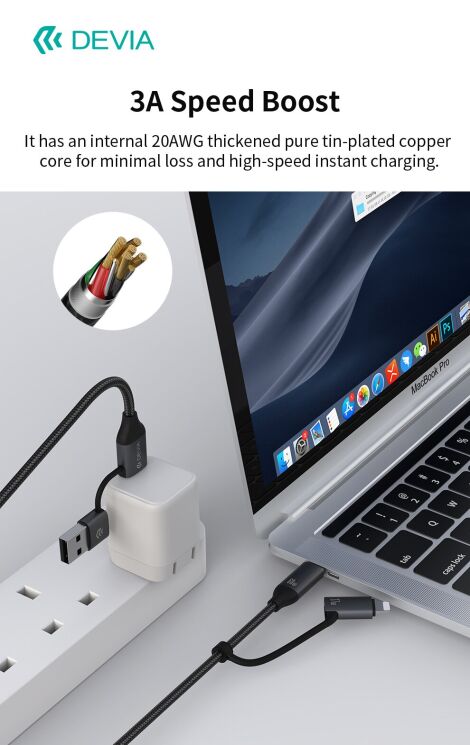 Кабель DEVIA EC504 Extreme Speed Series USB+Type-C to Type-C+Lightning 60W (3A, 1.5m) - Black: фото 6 з 10