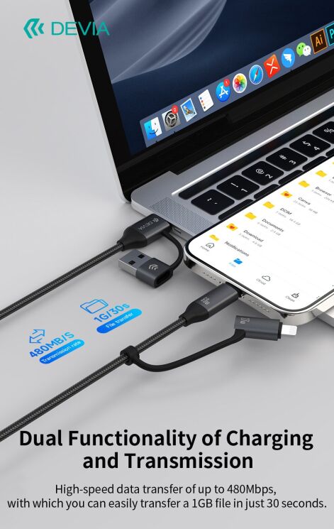 Кабель DEVIA EC504 Extreme Speed Series USB+Type-C to Type-C+Lightning 60W (3A, 1.5m) - Black: фото 7 з 10