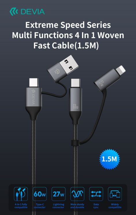 Кабель DEVIA EC504 Extreme Speed Series USB+Type-C to Type-C+Lightning 60W (3A, 1.5m) - Black: фото 3 з 10