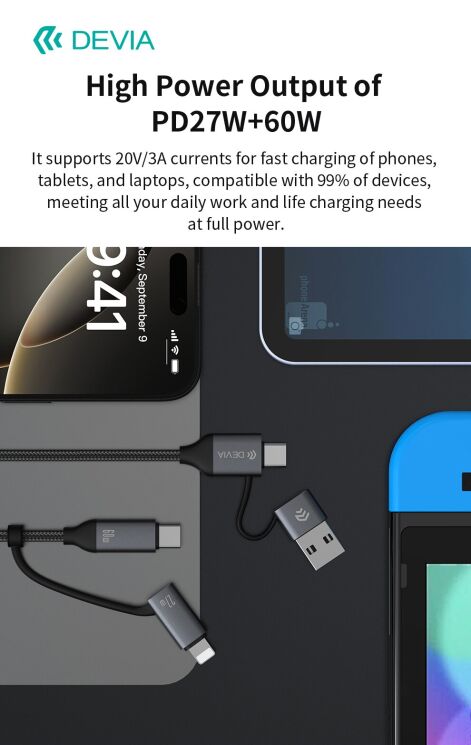Кабель DEVIA EC504 Extreme Speed Series USB+Type-C to Type-C+Lightning 60W (3A, 1.5m) - Black: фото 9 з 10