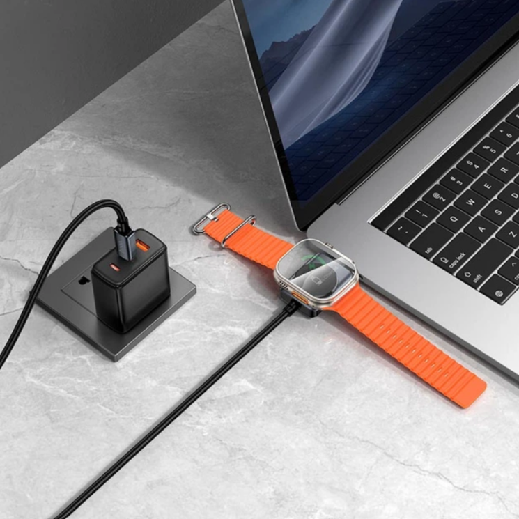 Кабель із бездротовою зарядкою Hoco CW66 2 in 1 Type-C to Apple Watch + Type-C (100W, 1.2m) - Black: фото 7 з 8