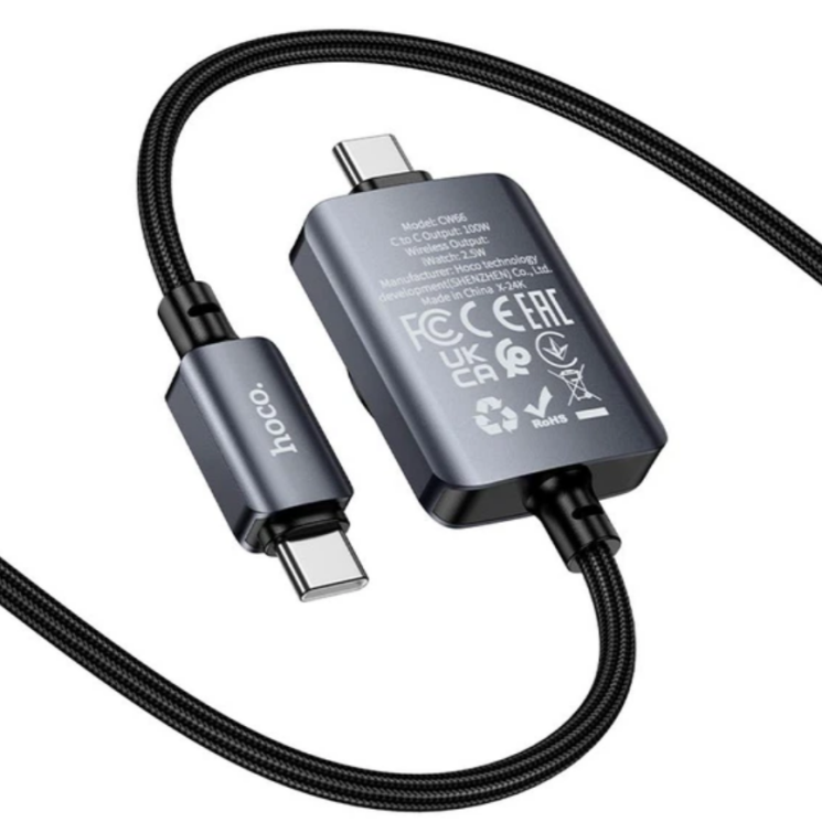 Кабель із бездротовою зарядкою Hoco CW66 2 in 1 Type-C to Apple Watch + Type-C (100W, 1.2m) - Black: фото 4 з 8