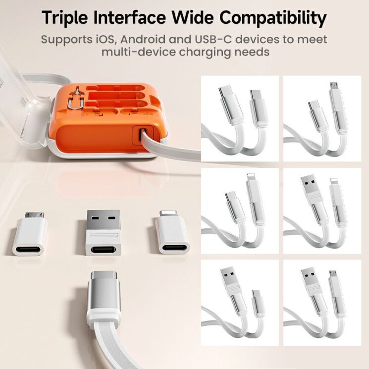 Кабель з комплектом адаптерів TOOCKI TX130C2 Retractable - White / Orange: фото 6 з 9