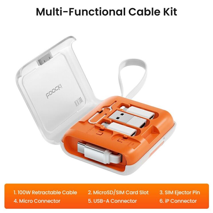 Кабель з комплектом адаптерів TOOCKI TX130C2 Retractable - White / Orange: фото 2 з 9