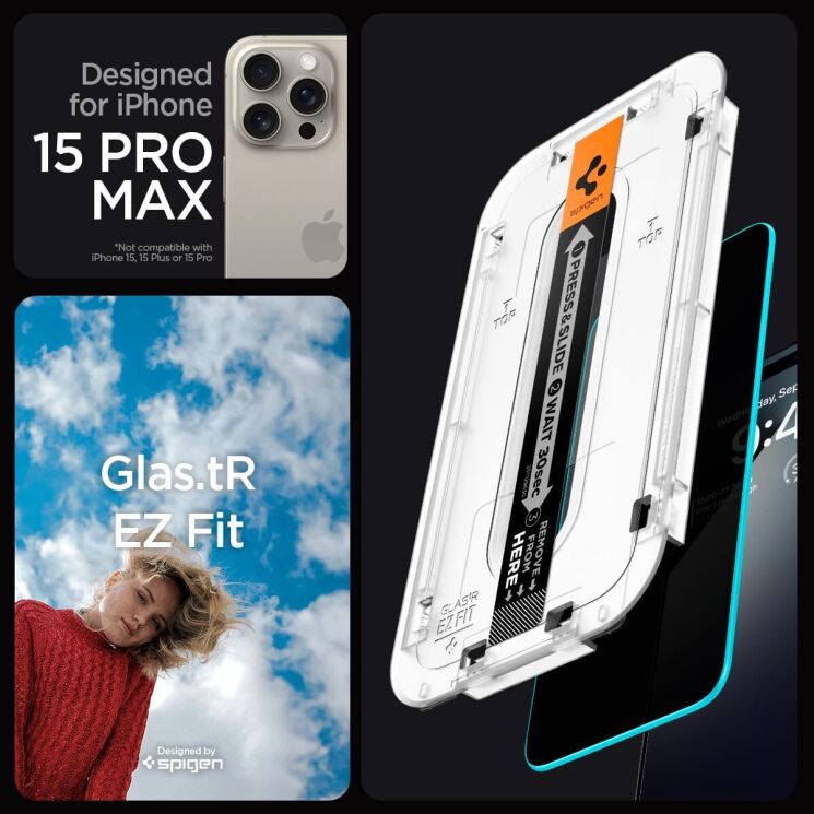 Комплект защитных стекол Spigen (SGP) GLAS.tR EZ Fit Privacy для Apple iPhone 15 Pro Max: фото 2 из 8