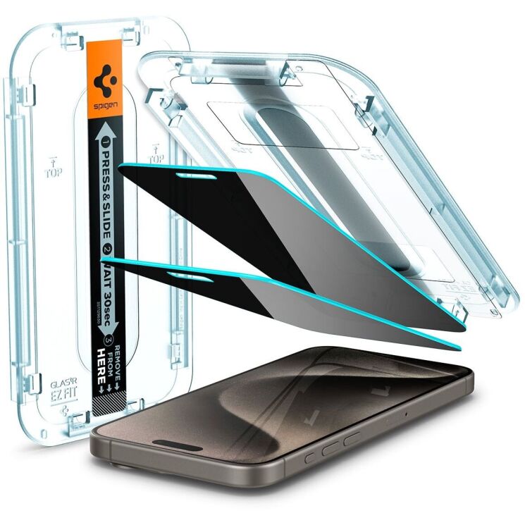 Комплект защитных стекол Spigen (SGP) GLAS.tR EZ Fit Privacy для Apple iPhone 15 Pro Max: фото 1 из 8