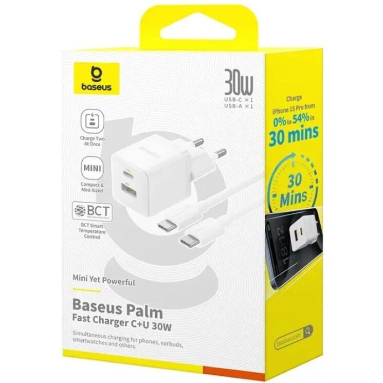 Сетевое зарядное устройство Baseus Palm C+U (30W) + кабель Type-C to Type-C (P1011160A213-01) - White: фото 6 из 19