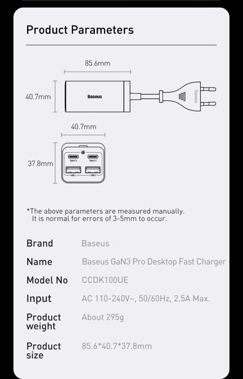 Сетевое зарядное устройство Baseus GaN3 Pro Desktop Fast Charger 2U+2C (100W) CCGP000101 - Black: фото 27 из 30