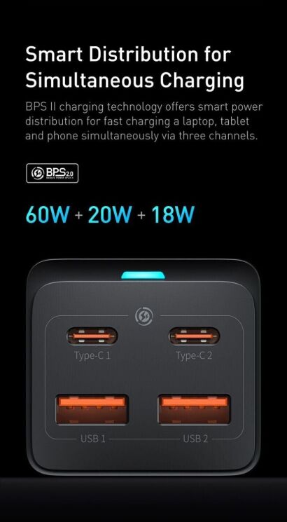 Сетевое зарядное устройство Baseus GaN3 Pro Desktop Fast Charger 2U+2C (100W) CCGP000101 - Black: фото 20 из 30