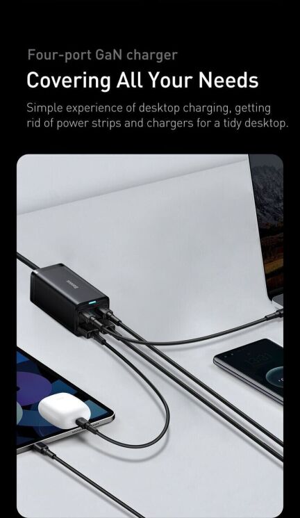 Сетевое зарядное устройство Baseus GaN3 Pro Desktop Fast Charger 2U+2C (100W) CCGP000101 - Black: фото 12 из 30