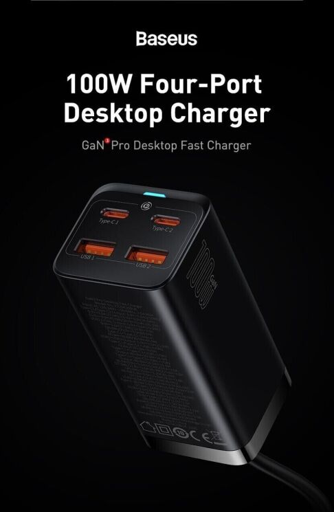 Сетевое зарядное устройство Baseus GaN3 Pro Desktop Fast Charger 2U+2C (100W) CCGP000101 - Black: фото 10 из 30
