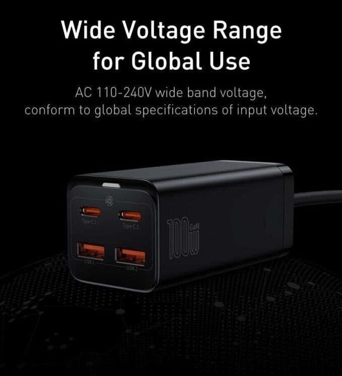 Сетевое зарядное устройство Baseus GaN3 Pro Desktop Fast Charger 2U+2C (100W) CCGP000101 - Black: фото 25 из 30