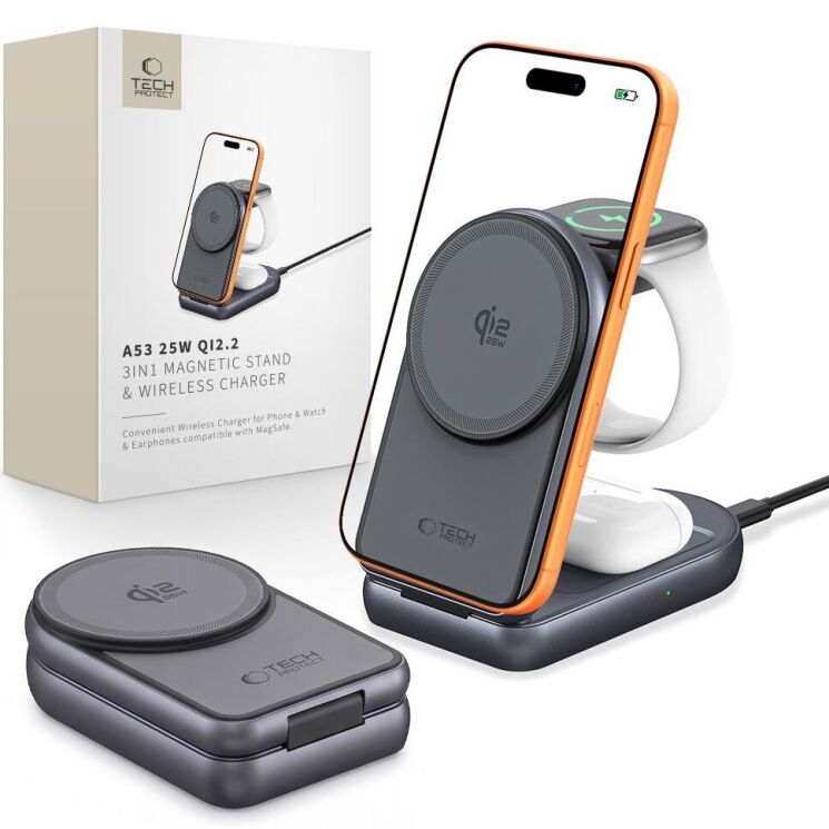 Бездротовий зарядний пристрій Tech-Protect A53 3 in 1 Magnetic (25W) QI2.2 (5906302323890) - Grey (958321H) Бездротовий зарядний пристрій Tech-Protect A53 3 in 1 Magnetic (25W) QI2.2 (5906302323890) - Grey: фото 5 з 9