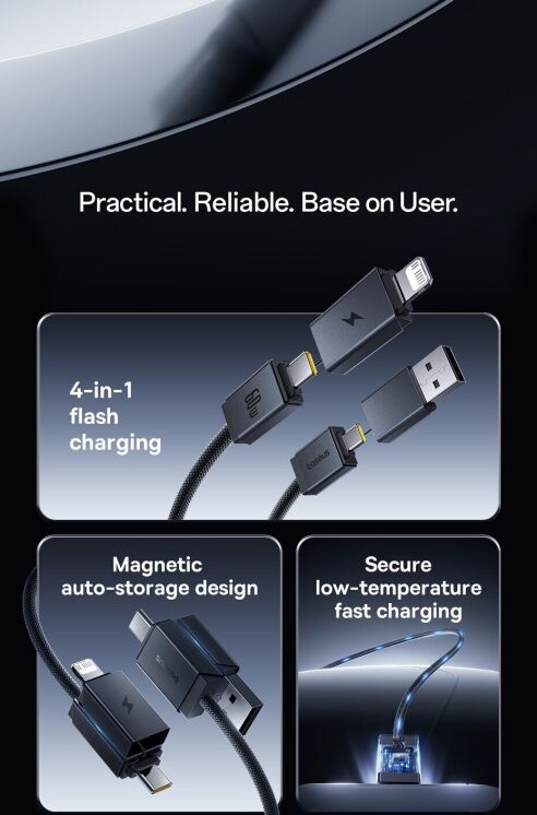 Кабель Baseus Versatile 2 in 2 Type-C+USB to Type-C+Lightning (3.5A, 60W, 2m) P10383000121-02 - Black: фото 6 з 24