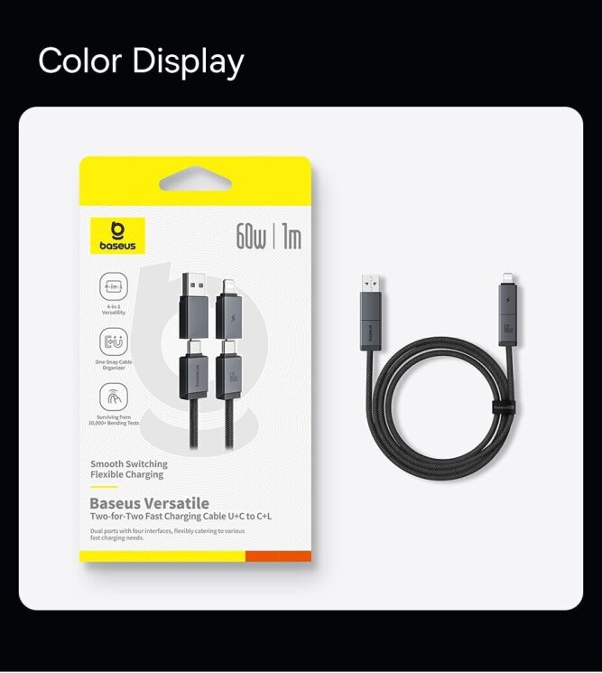 Кабель Baseus Versatile 2 in 2 Type-C+USB to Type-C+Lightning (3.5A, 60W, 2m) P10383000121-02 - Black: фото 24 з 24