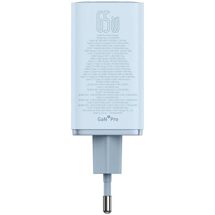 Сетевое зарядное устройство Baseus GaN6 Pro Fast Charger 2C+2U 65W + кабель Type-C to Type-C (100W) P10162701 - Galaxy Blue: фото 6 из 20