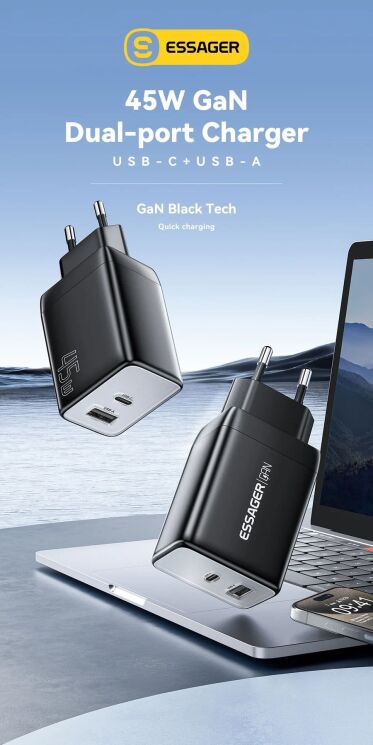 Мережевий зарядний пристрій ESSAGER 45W GaN Type-C + USB (ECT45W-LJB01-Z) - Black: фото 2 з 13